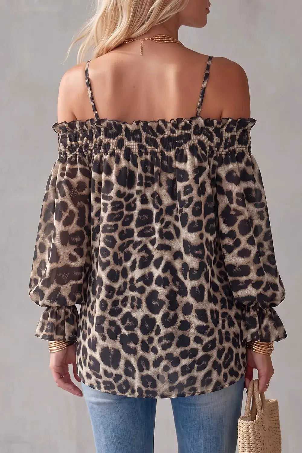 Spaghetti Strap Leopard Long Sleeve Blouse by Trendsi