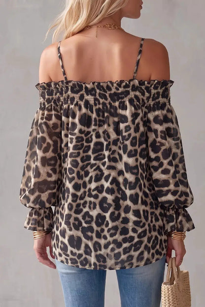 Spaghetti Strap Leopard Long Sleeve Blouse by Trendsi