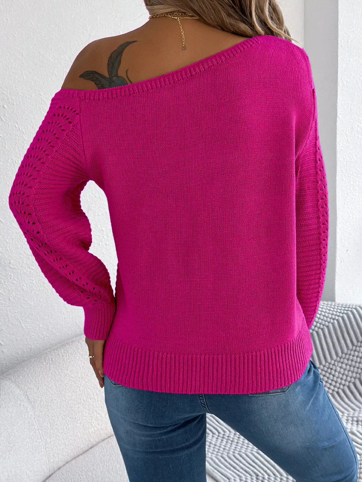 Cold-Shoulder Ribbed Knit Openwork Sweater by Trendsi