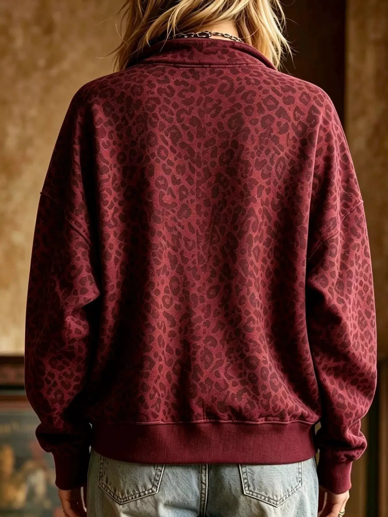 Leopard Half Zip Oversized Sweatshirt by Trendsi