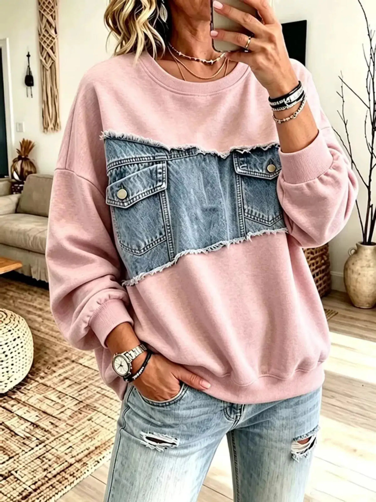 Full Size Denim Patchwork Dropped Shoulder Sweatshirt Plus Size by Trendsi
