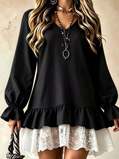 V-Neck Long Sleeve Ruffle Hem Lace Trim Mini Dress by Trendsi