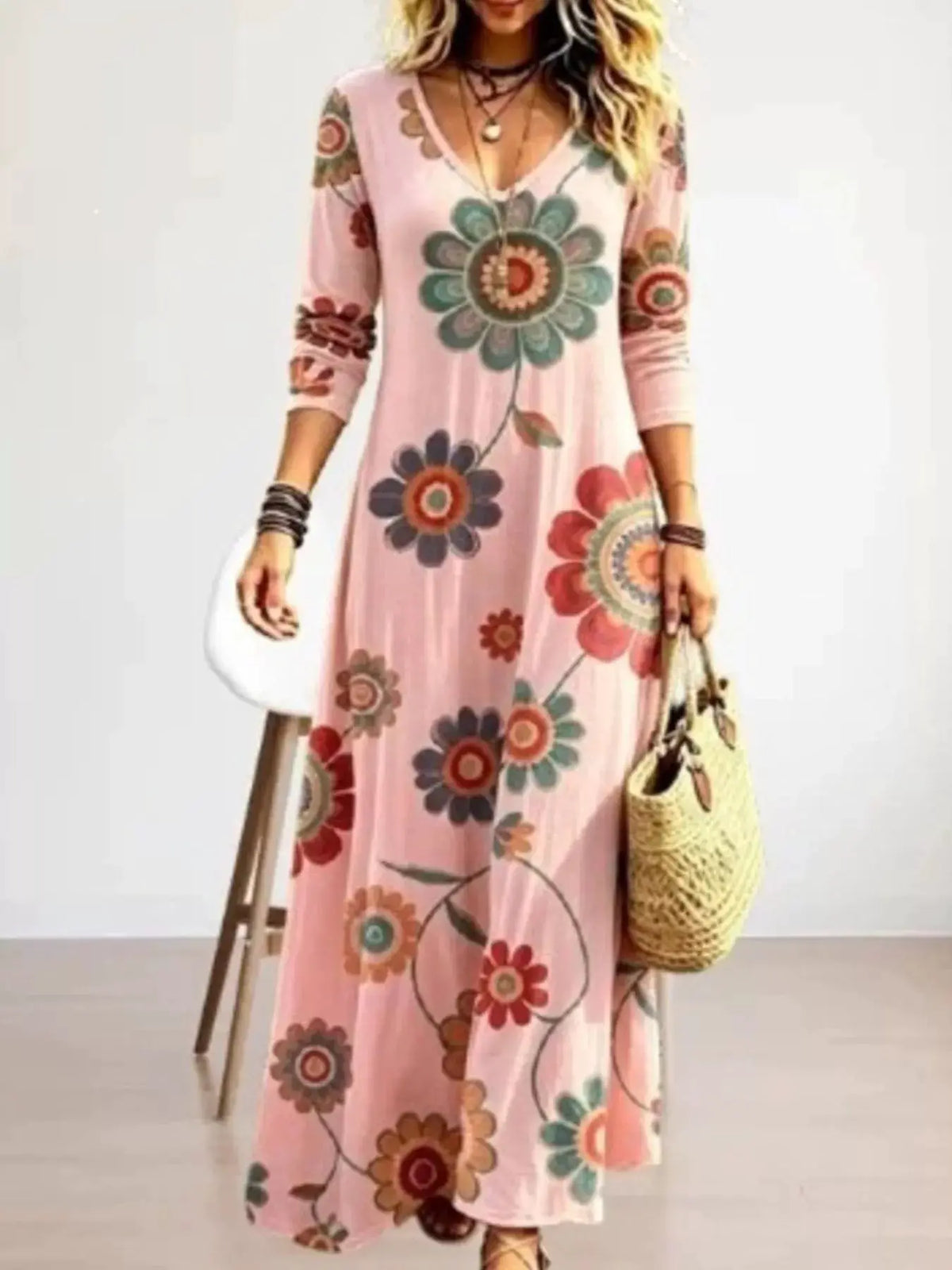 Floral Print V-Neck Long Sleeve Maxi Dress by Trendsi