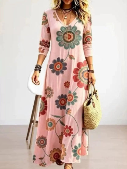 Floral Print V-Neck Long Sleeve Maxi Dress by Trendsi