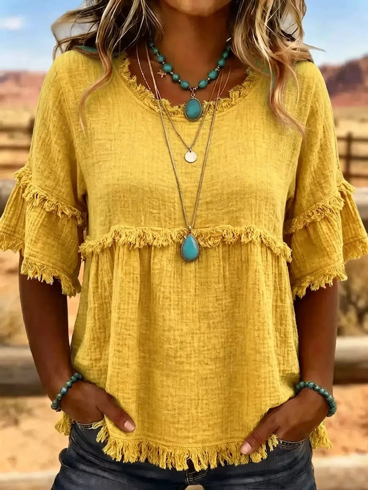 Full Size Frayed Edge Textured Blouse Plus Size by Trendsi