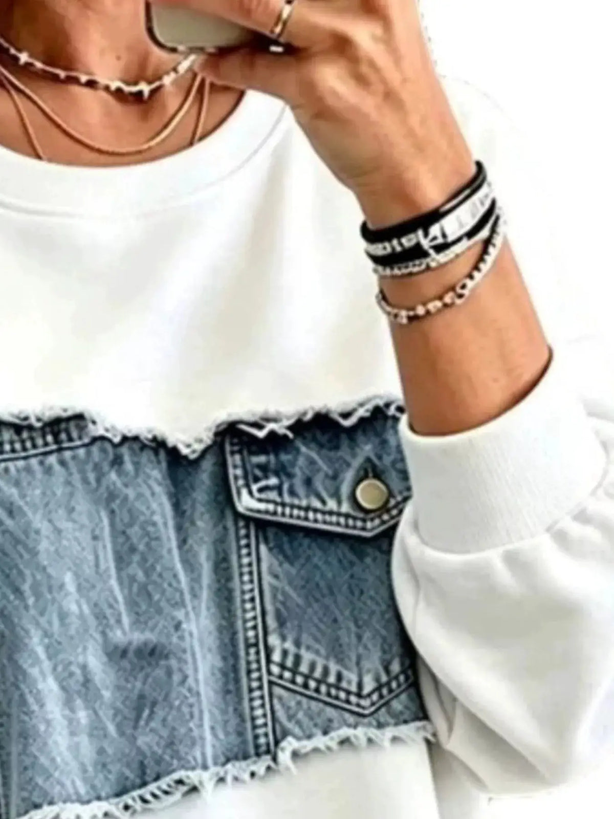 Full Size Denim Patchwork Dropped Shoulder Sweatshirt Plus Size by Trendsi