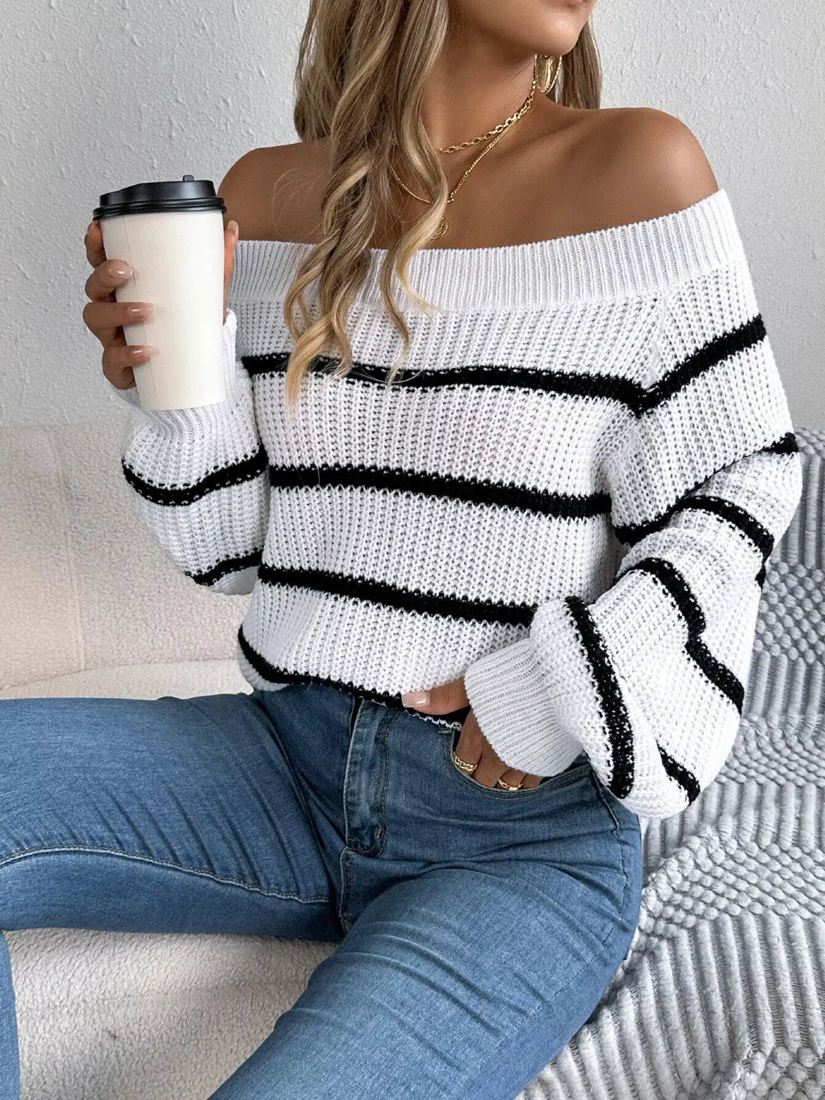 Off-Shoulder Striped Contrast Sweater by Trendsi