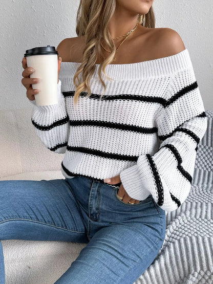 Off-Shoulder Striped Contrast Sweater by Trendsi