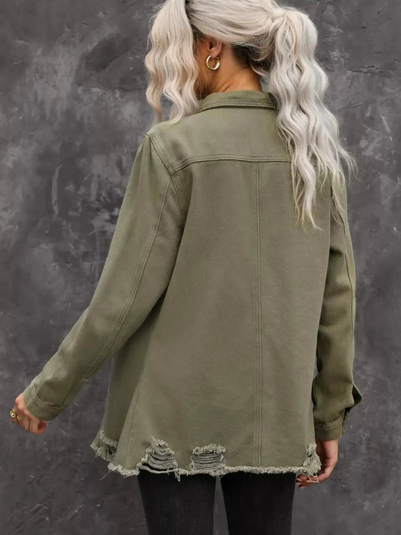 Raw Hem Distressed Denim Shirt Jacket by Trendsi