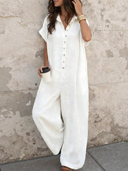 Button Front Short Sleeve Jumpsuit by Trendsi