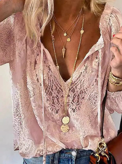 Lace Tie Neck Long Sleeve Blouse by Trendsi