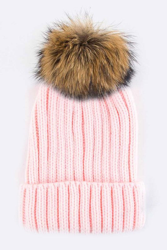 Raccoon Fur PomPom Beanie