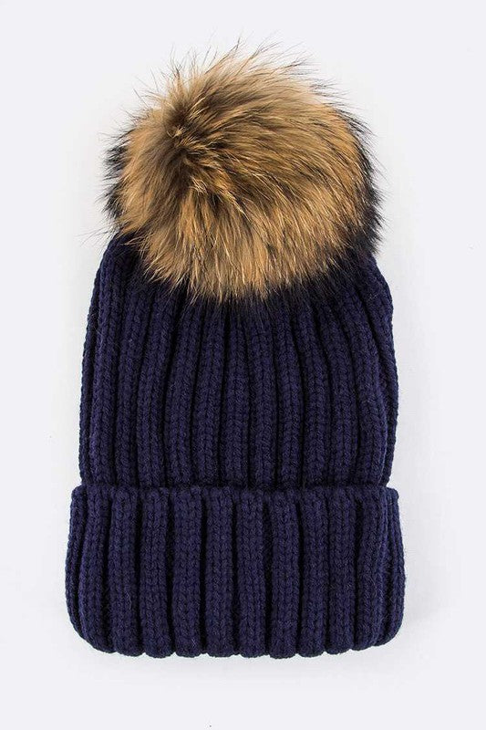 Raccoon Fur PomPom Beanie