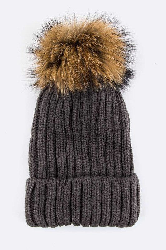 Raccoon Fur PomPom Beanie