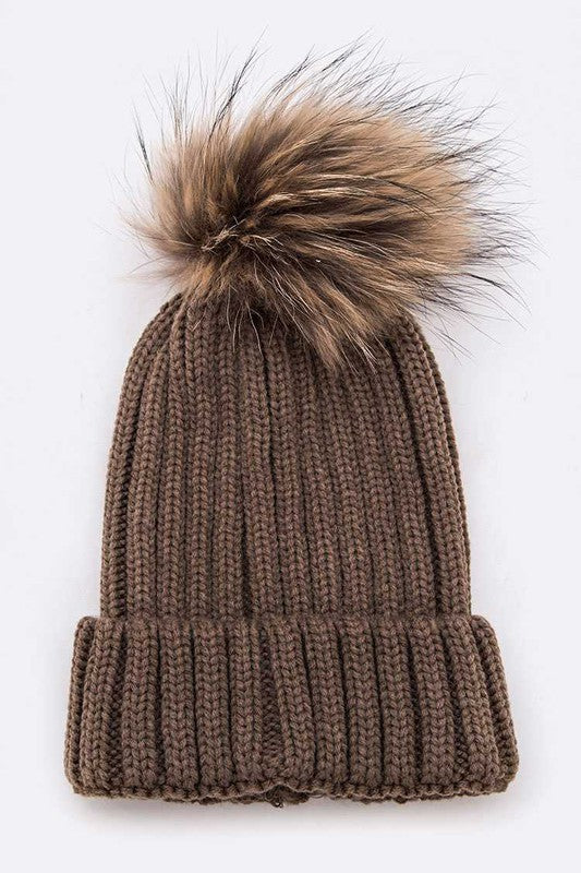 Raccoon Fur PomPom Beanie