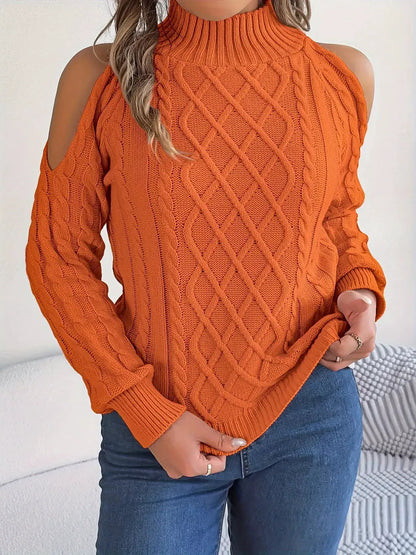 Cold-Shoulder Cable Knit Sweater by Trendsi