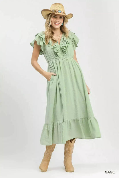 Umgee Textured Ruffle Midi Dress by Trendsi