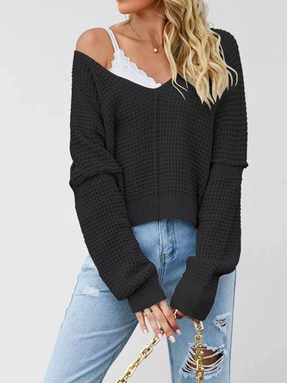 Waffle Knit Dropped Shoulder Sweater by Trendsi