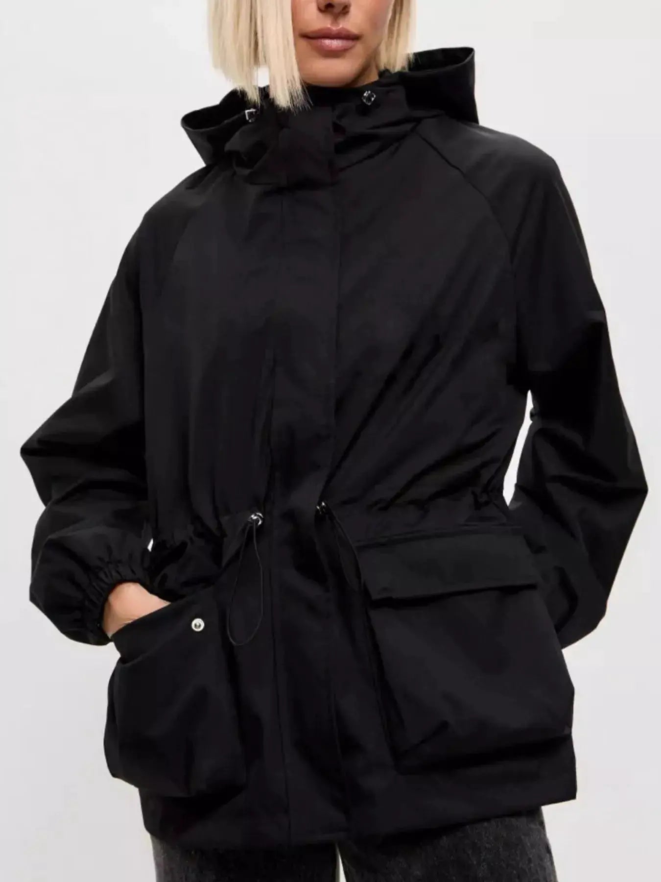 Drawstring Waist Hooded Windbreaker Outerwear by Trendsi
