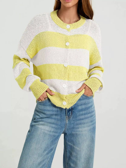 Casual Striped Button-Down Knit Cardigan by Trendsi