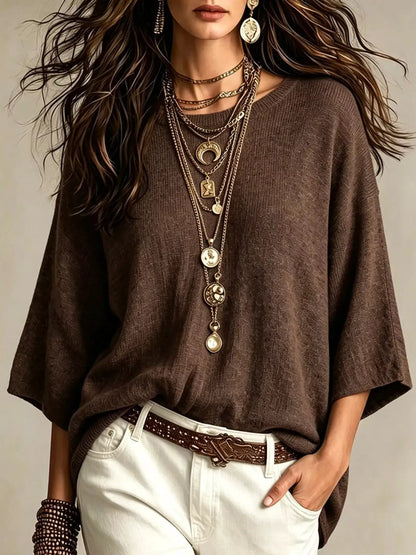 Round Neck 3/4 Sleeve Knit Top by Trendsi