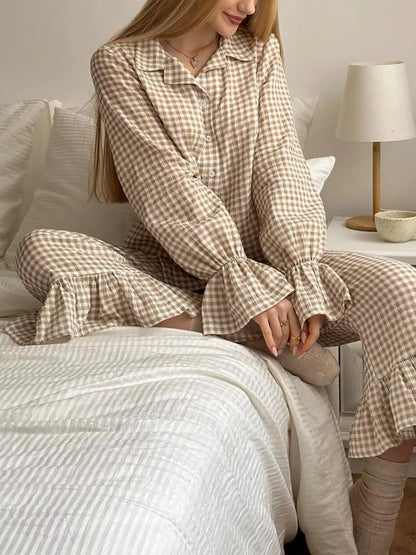 Gingham Ruffle-Trim Top and Pants Lounge Set by Trendsi