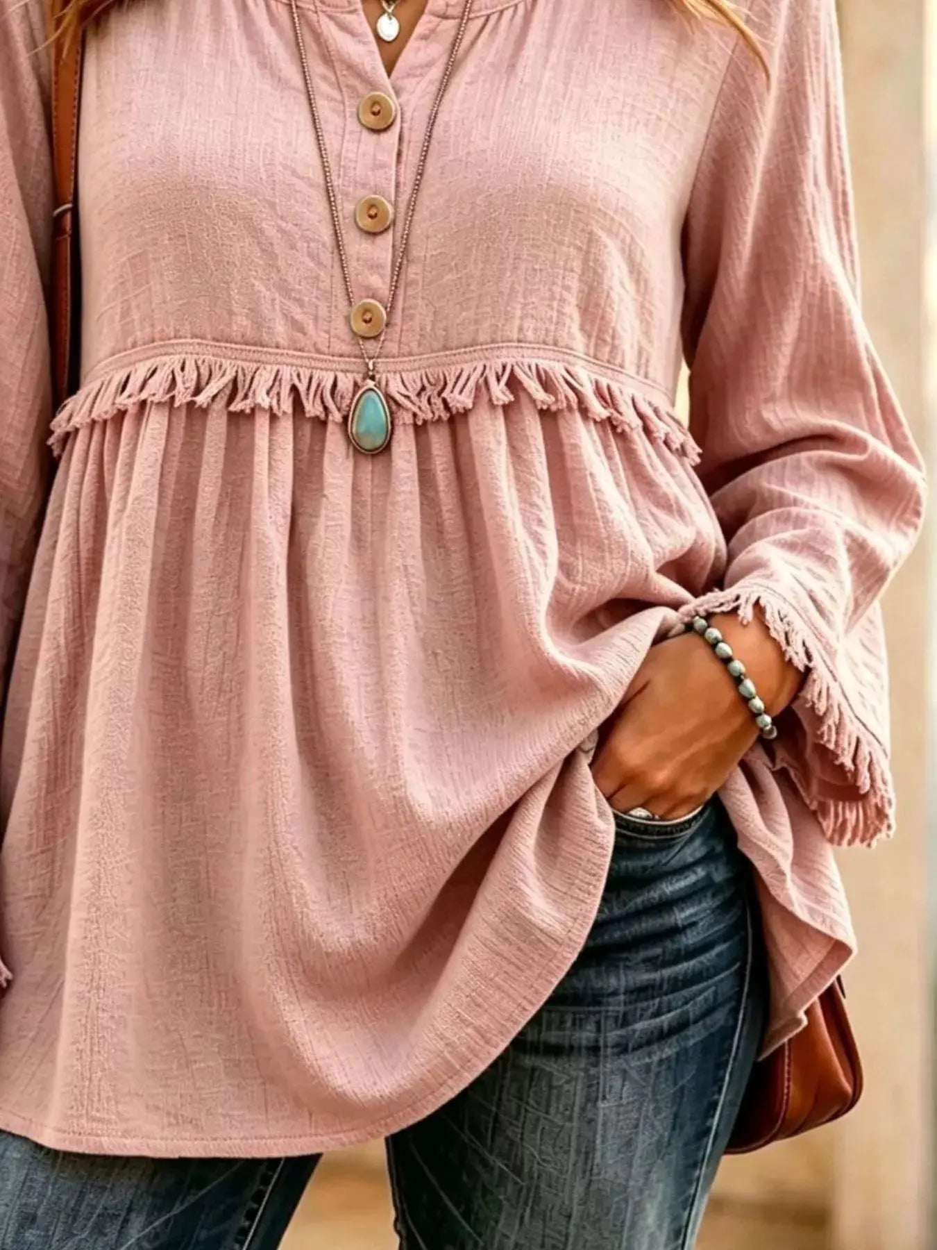 Button-Down Detail Fringed Hem Blouse by Trendsi