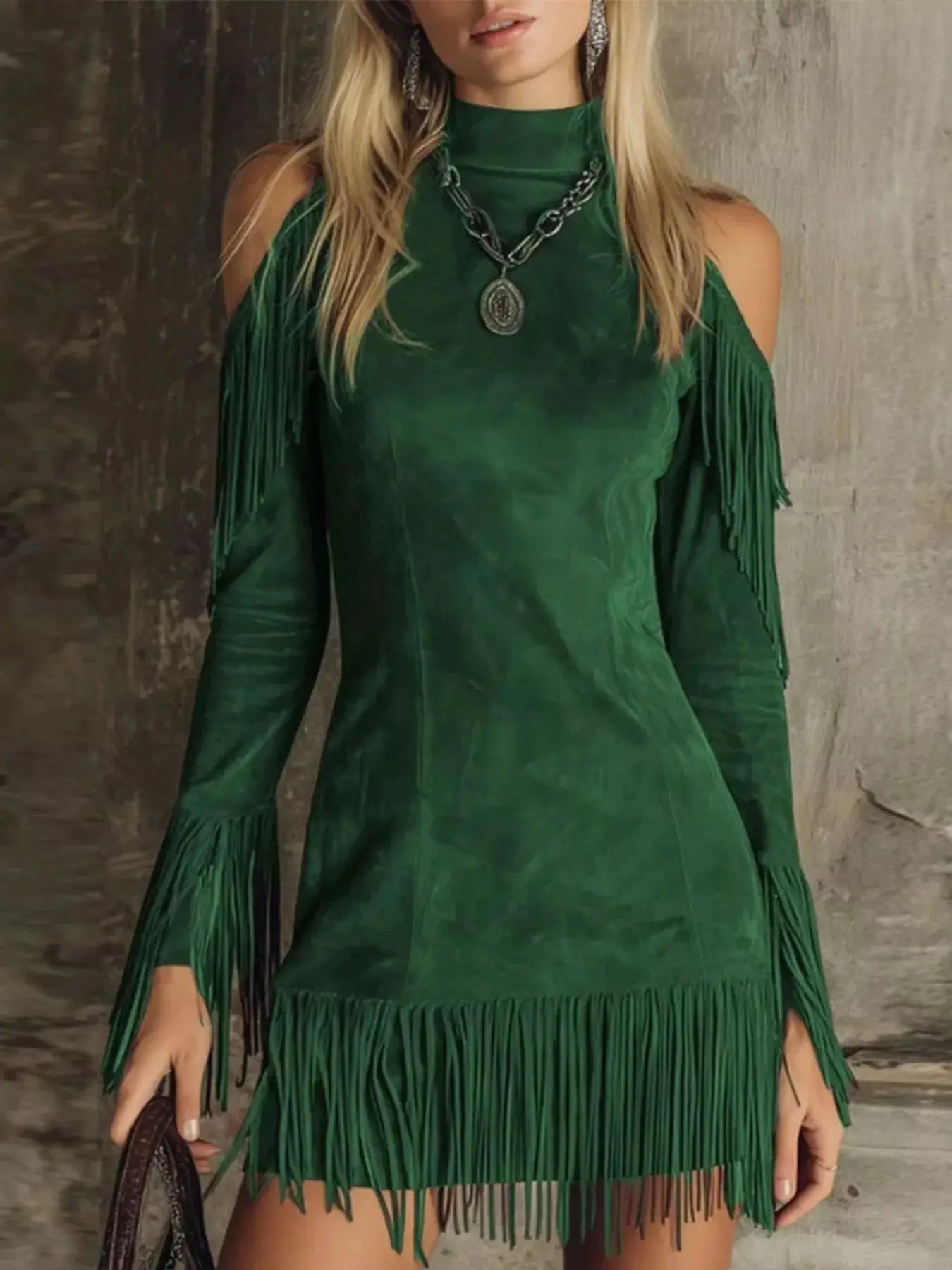 Fringed Cold Shoulder Mini Dress by Trendsi