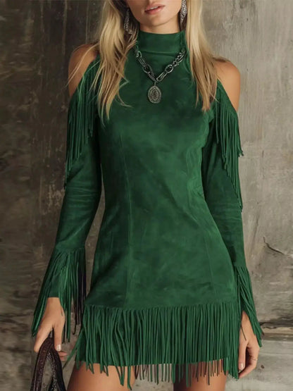 Fringed Cold Shoulder Mini Dress by Trendsi