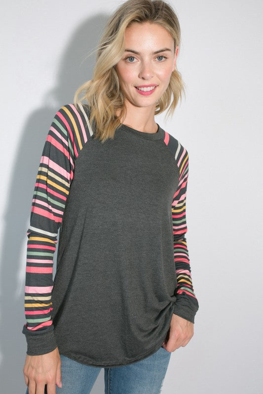 PLUS MULTI STRIPE PRINT AND SOLID MIXED CASUAL TOP