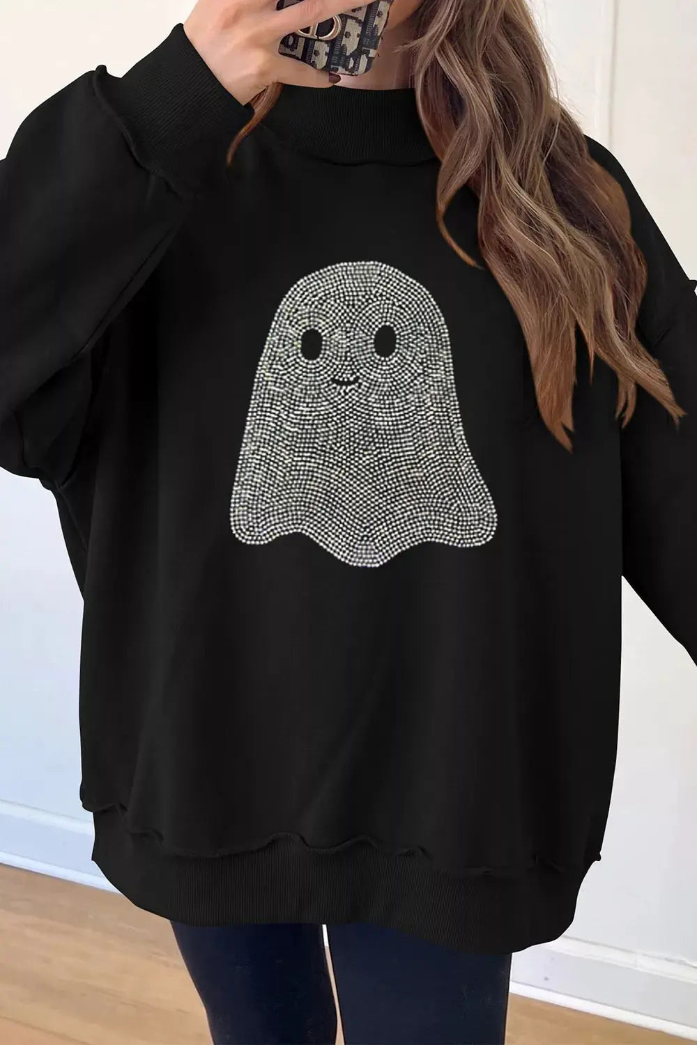 Rhinestone Ghost Exposed Seam Mock Neck Halloween Sweatshirt by Trendsi