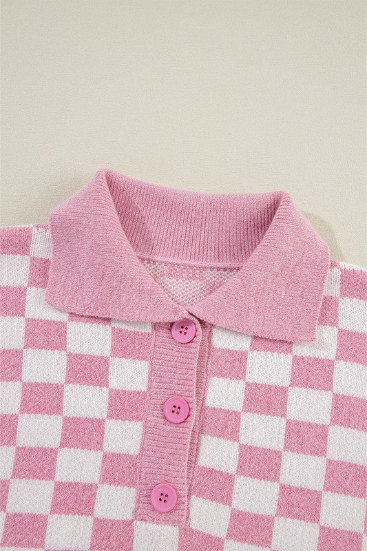 Checkered Buttons V Neck Drop Shoulder Sweater