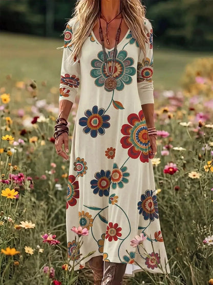 Floral Print V-Neck Long Sleeve Maxi Dress by Trendsi