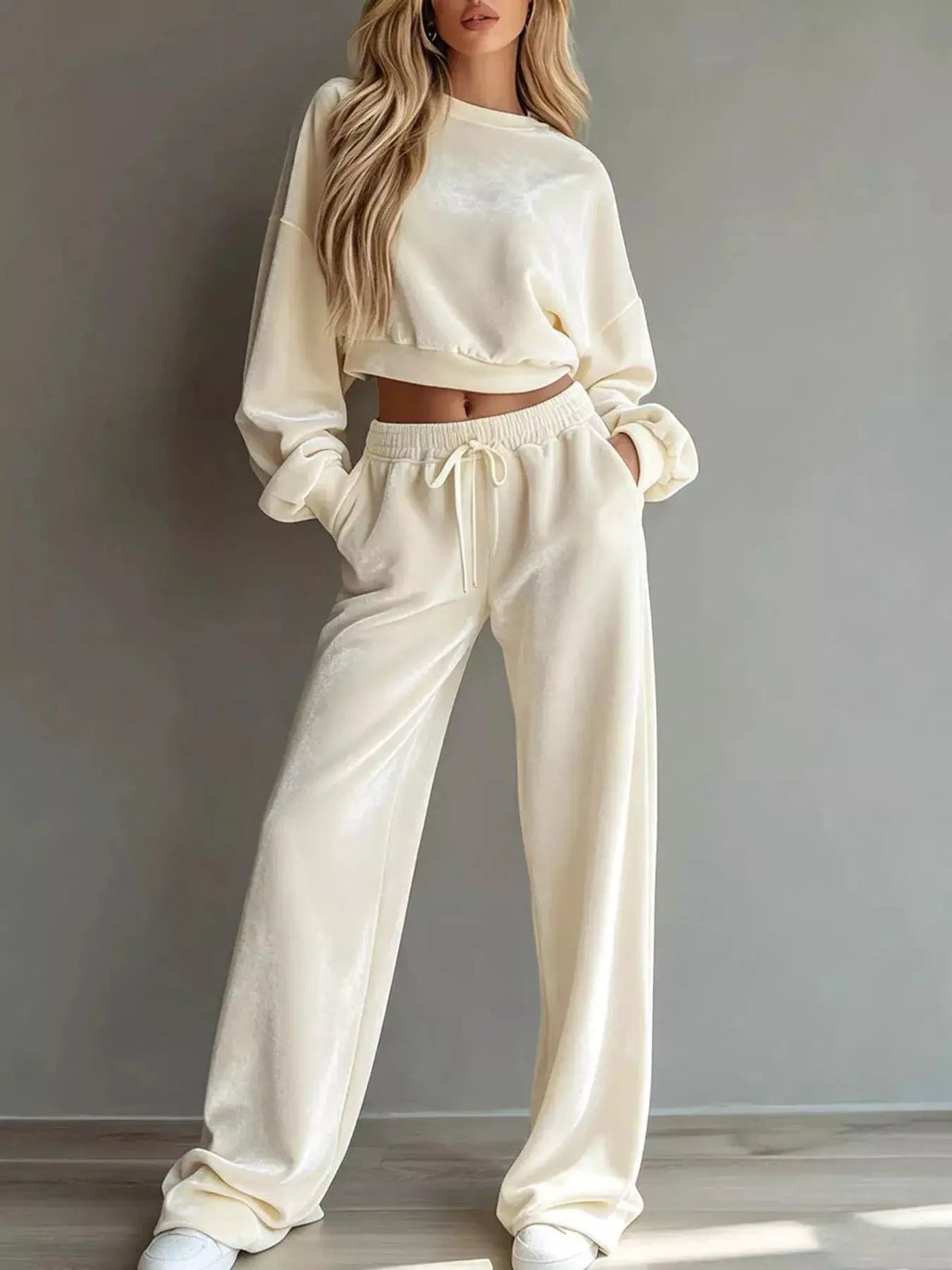 Full Size Cropped Sweatshirt and Wide-Leg Pants Set Plus Size by Trendsi