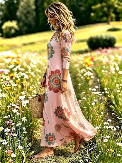 Floral Print V-Neck Long Sleeve Maxi Dress by Trendsi