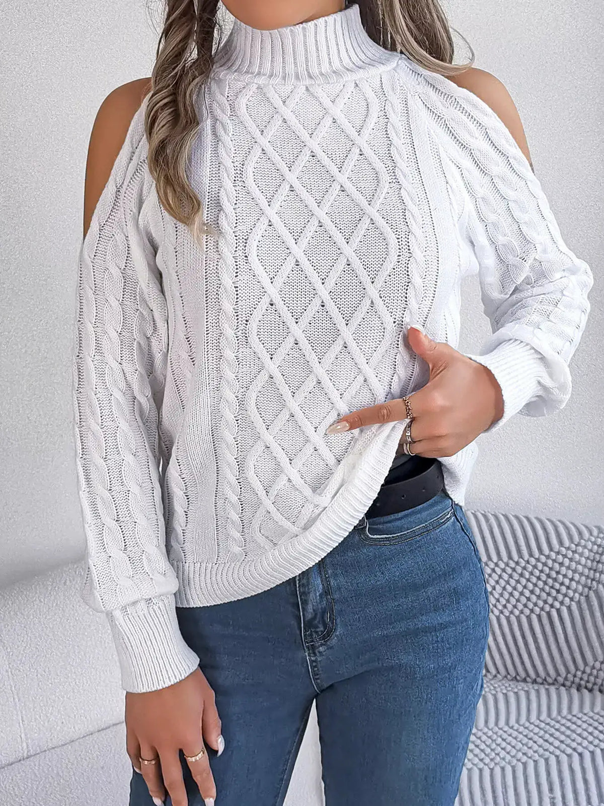 Cold-Shoulder Cable Knit Sweater by Trendsi