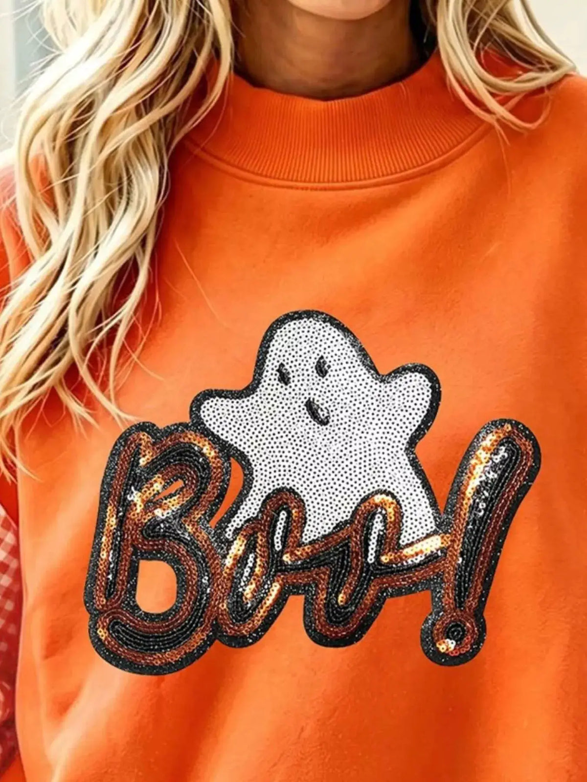 Boo Sequin Ghost Plaid Patchwork Sleeve Halloween Sweatshirt by Trendsi