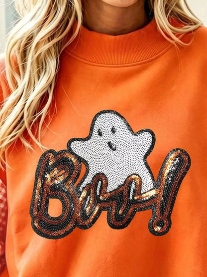 Boo Sequin Ghost Plaid Patchwork Sleeve Halloween Sweatshirt by Trendsi