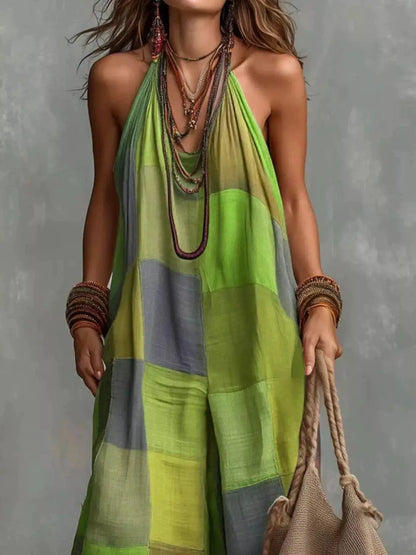 Full Size Plaid Halter Neck Wide-Leg Jumpsuit Plus Size by Trendsi