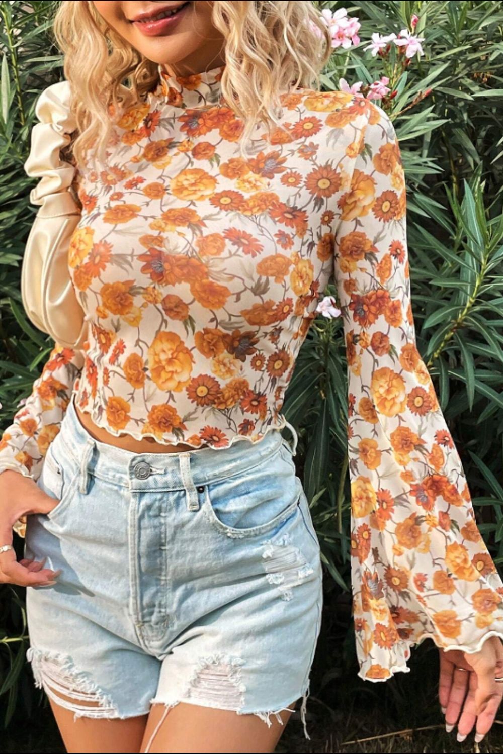 Printed Mock Neck Flare Sleeve Top