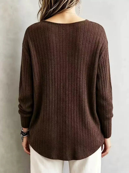 V-Neck Ribbed Long Sleeve T-Shirt by Trendsi