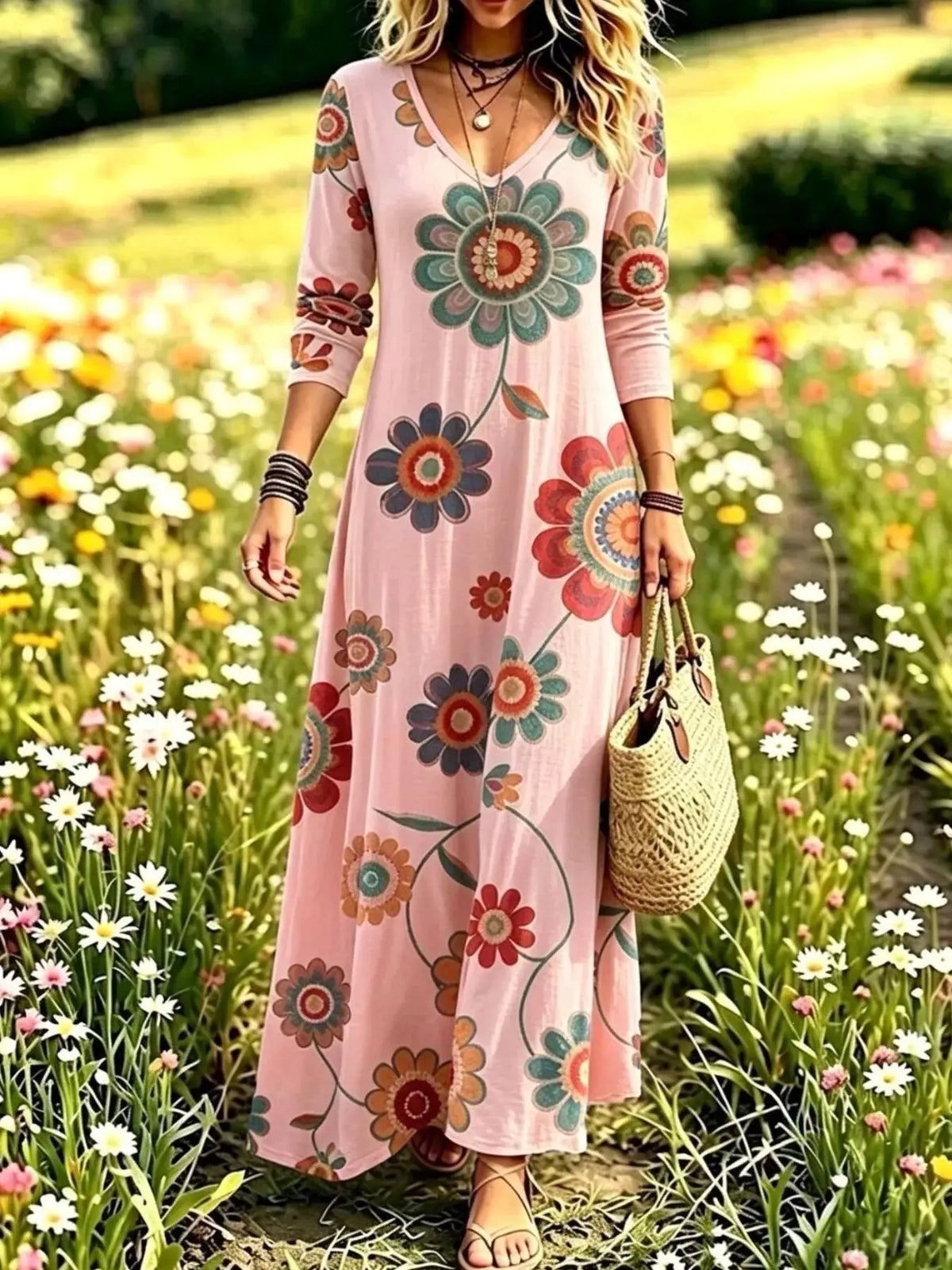 Floral Print V-Neck Long Sleeve Maxi Dress by Trendsi