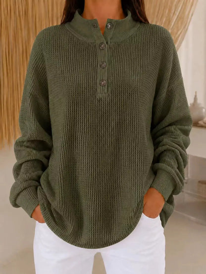 Full Size Waffle Knit Button Detail Sweatshirt Plus Size by Trendsi