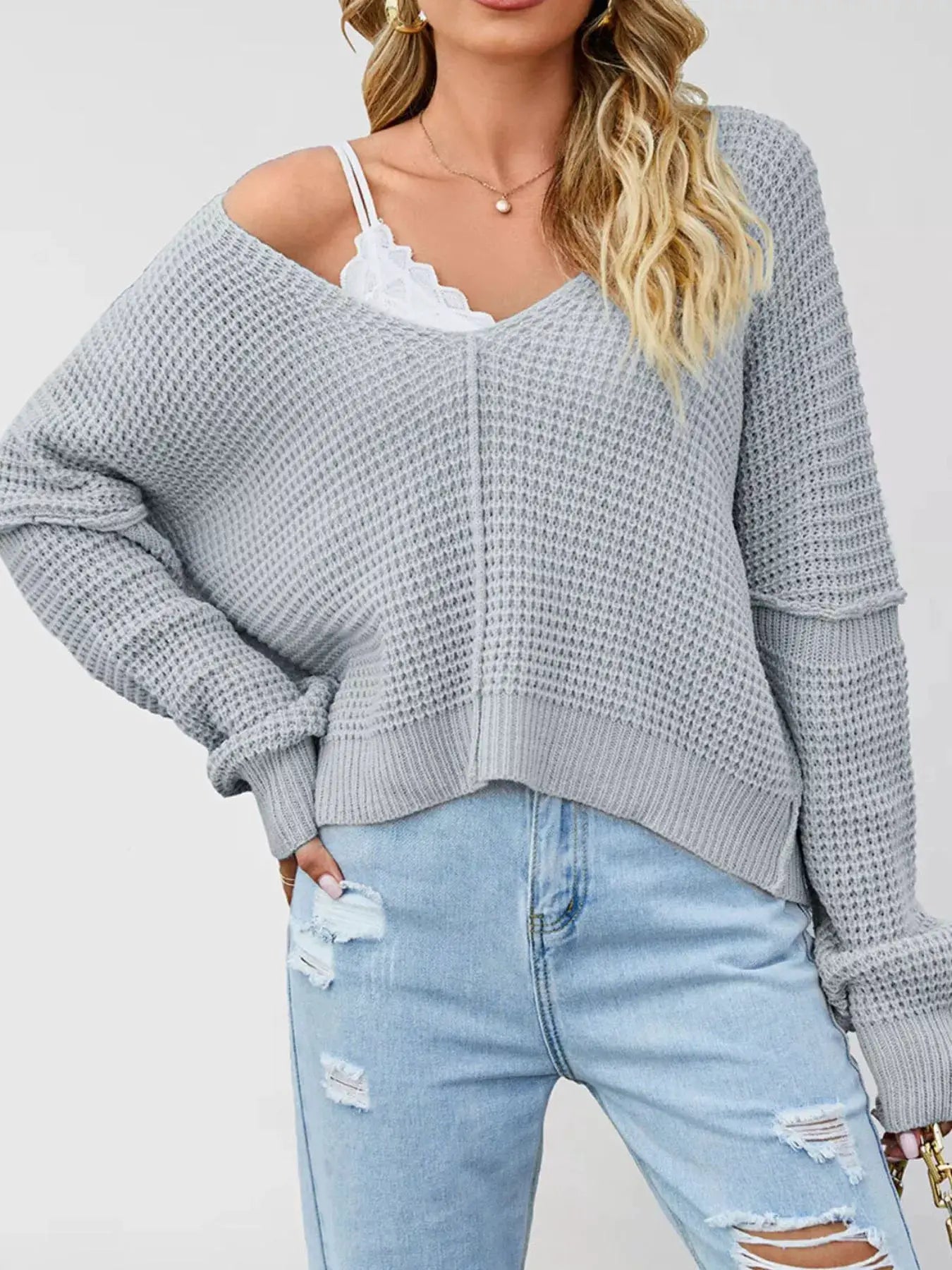 Waffle Knit Dropped Shoulder Sweater by Trendsi