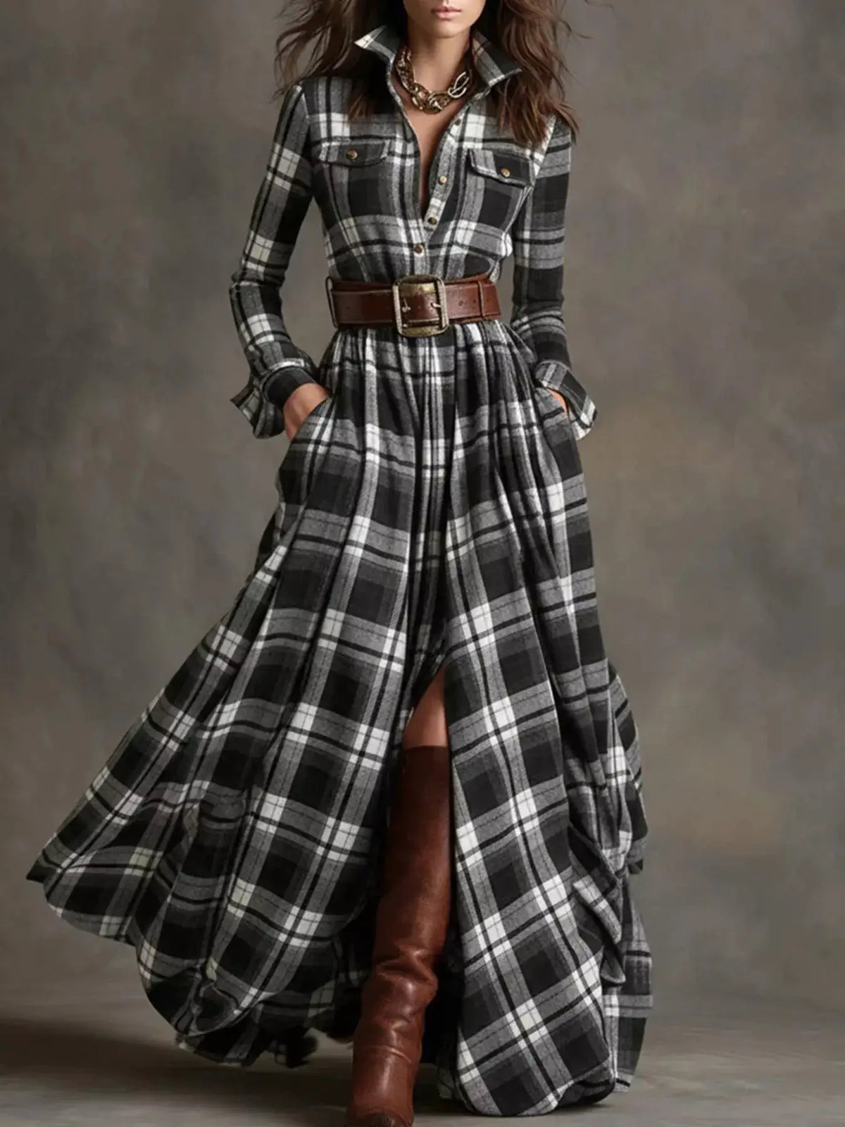 Full Size Plaid Long Sleeve Shirt Maxi Dress Plus Size by Trendsi