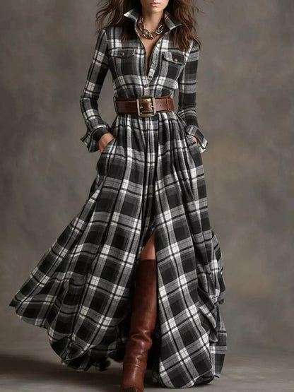 Full Size Plaid Long Sleeve Shirt Maxi Dress Plus Size by Trendsi