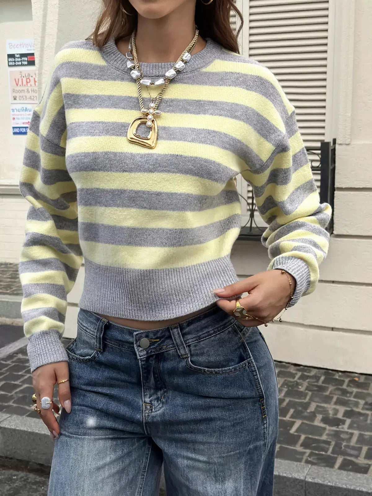 Casual Striped Cropped Sweater by Trendsi