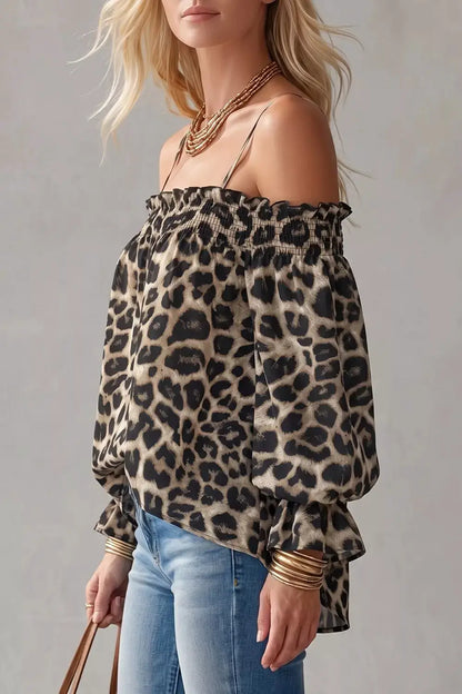 Spaghetti Strap Leopard Long Sleeve Blouse by Trendsi