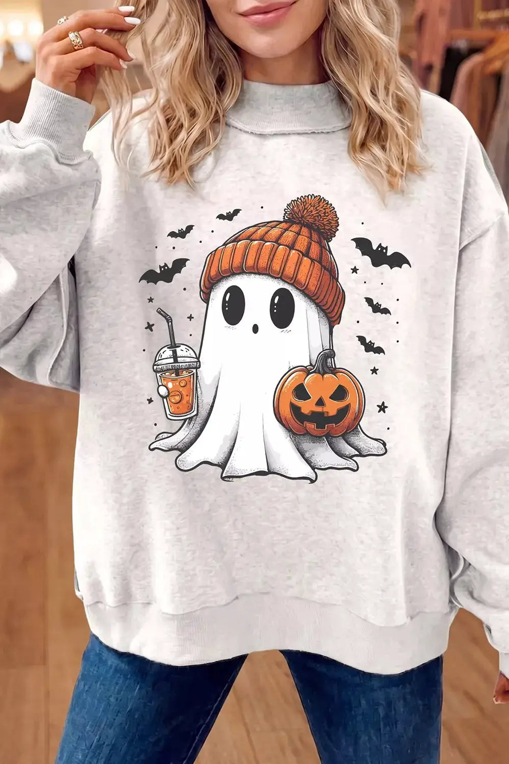 Reversible Halloween Graphic Mock Neck Tunic Sweatshirt by Trendsi
