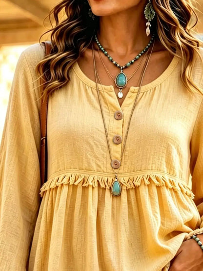Button-Down Detail Fringed Hem Blouse by Trendsi